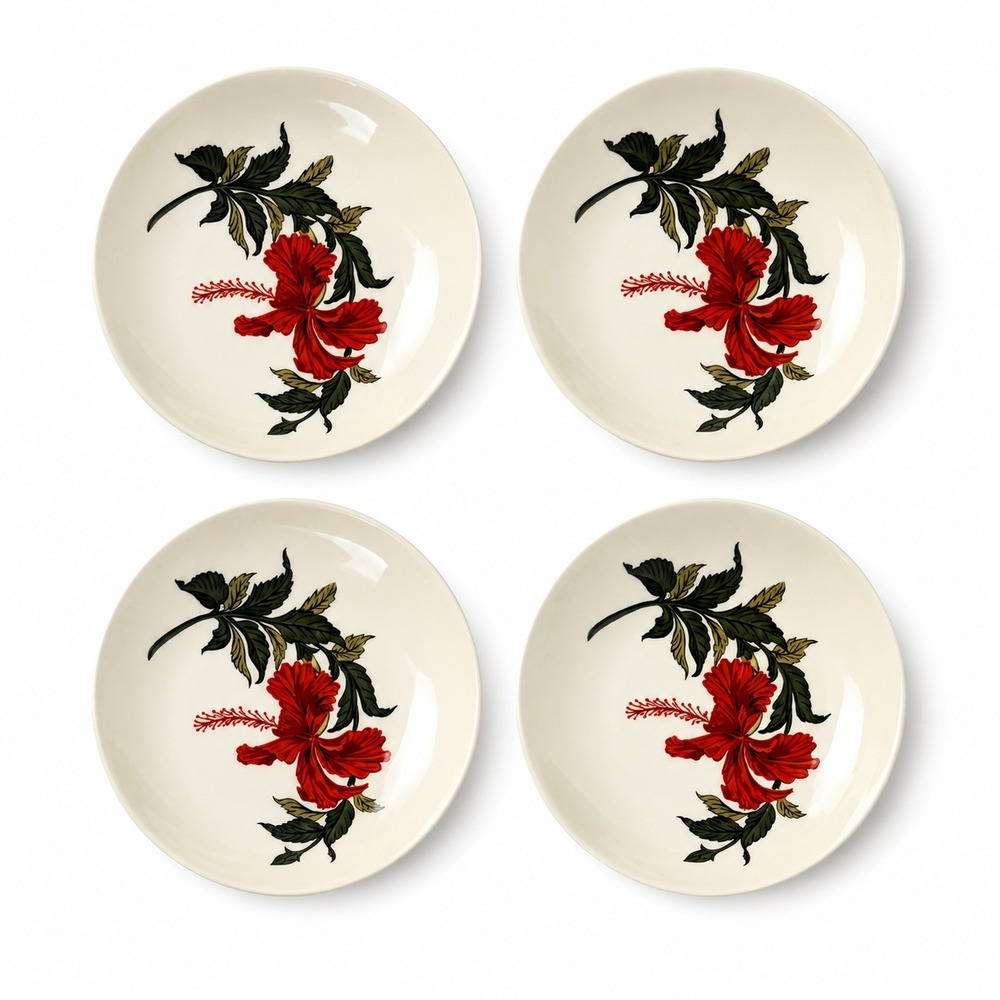 Vintage Crooksville USA Hibiscus Flower Small Bowls Saucers Set of 4 Red Green